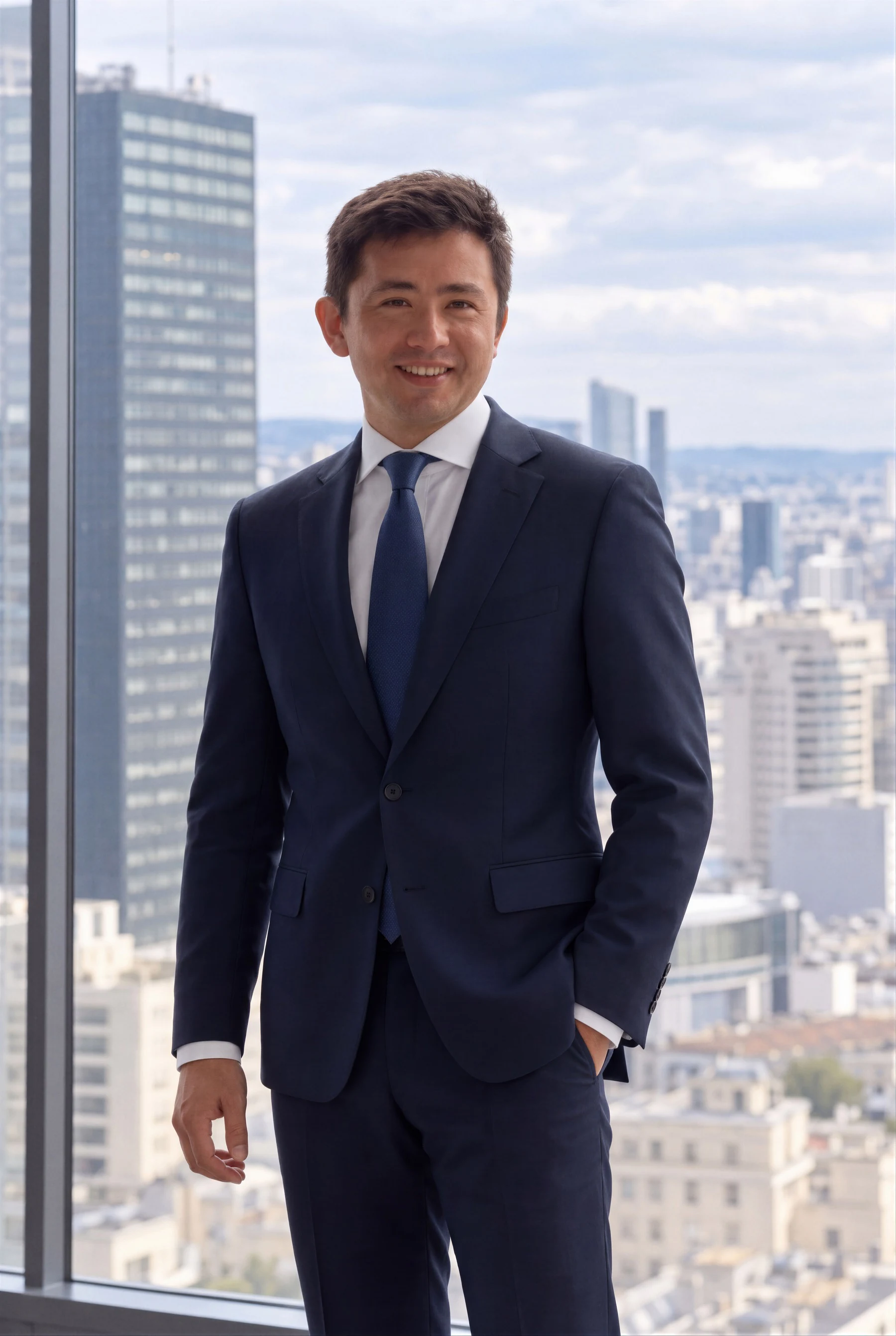 Corporate portrait of an executive in front of the La Défense skyline